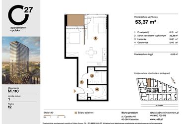 Rzut - Mieszkanie na sprzedaż 1 pokój o powierzchni 53,37 m² - numer M.110 w O27 Apartamenty Opolska