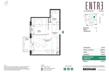 Rzut - Mieszkanie na sprzedaż 2 pokoje o powierzchni 50,38 m² - numer 116-M08 w Entre