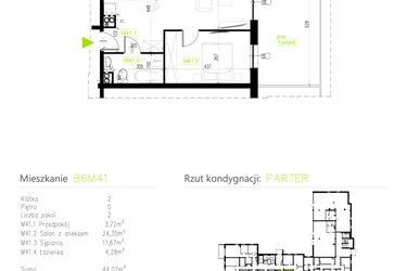 Rzut - Mieszkanie na sprzedaż 2 pokoje o powierzchni 44,02 m² - numer B6M41 w Osiedle Natura Park etap II