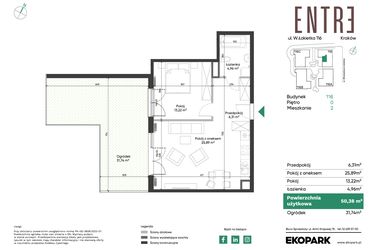 Rzut - Mieszkanie na sprzedaż 2 pokoje o powierzchni 50,38 m² - numer 116-M02 w Entre