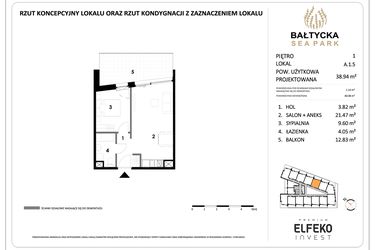 Rzut - Mieszkanie na sprzedaż 2 pokoje o powierzchni 38,94 m² - numer A.1.5 w Bałtycka Sea Park