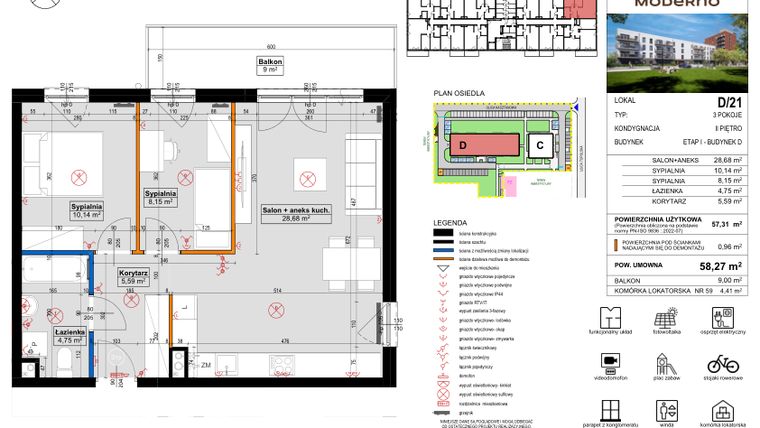 Rzut - Mieszkanie na sprzedaż 3 pokoje o powierzchni 58,27 m² - numer D.21 w Osiedle Moderno