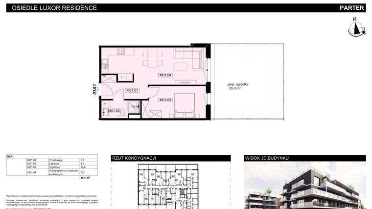 Rzut - Mieszkanie na sprzedaż 2 pokoje o powierzchni 45,5 m² - numer A1.1 w Luxor Residence