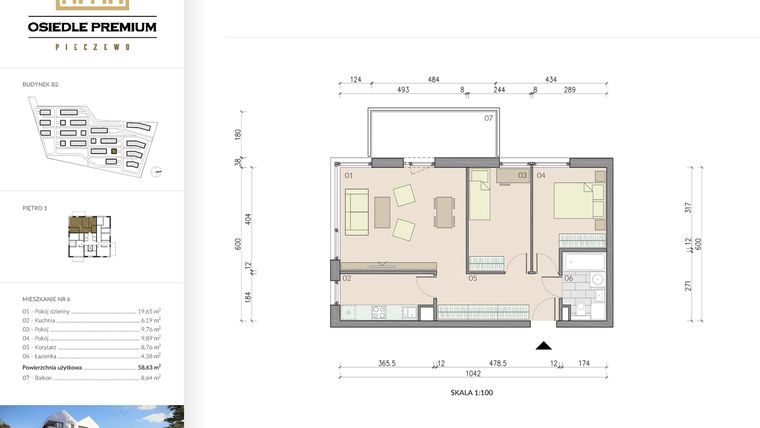 Rzut - Mieszkanie na sprzedaż 3 pokoje o powierzchni 58,63 m² - numer B2.6 w Osiedle Premium etap IV