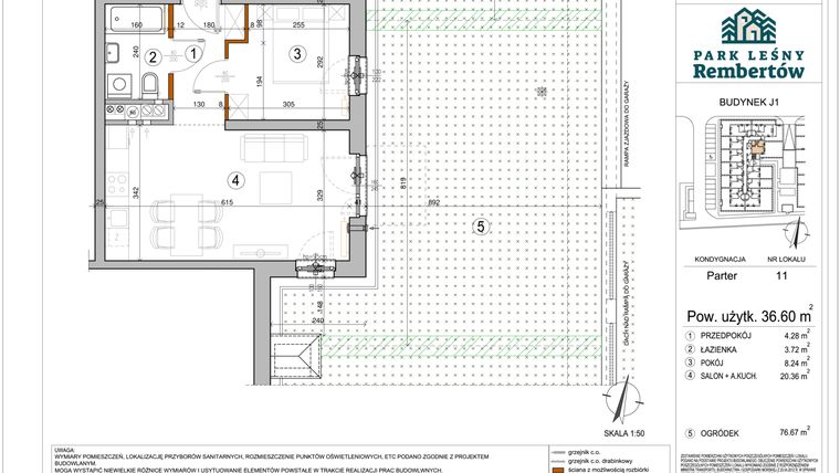Rzut - Mieszkanie na sprzedaż 2 pokoje o powierzchni 36,6 m² - numer J1-11 w Park Leśny Rembertów etap VIII