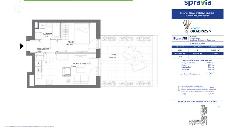 Rzut - Mieszkanie na sprzedaż 2 pokoje o powierzchni 33,37 m² - numer 1204 w Nowy Grabiszyn VIII