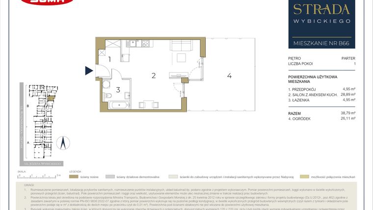 Rzut - Mieszkanie na sprzedaż 1 pokój o powierzchni 38,45 m² - numer B66 w Strada Wybickiego
