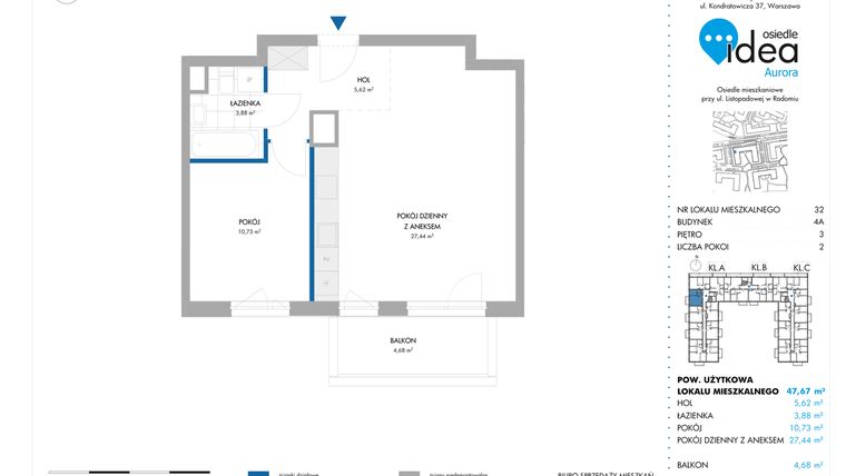 Rzut - Mieszkanie na sprzedaż 2 pokoje o powierzchni 47,67 m² - numer 32.4A w Osiedle Idea Aurora