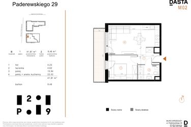 Rzut - Mieszkanie na sprzedaż 2 pokoje o powierzchni 41,81 m² - numer B2 w Paderewskiego 29