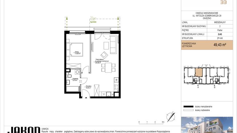 Rzut - Mieszkanie na sprzedaż 2 pokoje o powierzchni 49,43 m² - numer 2.A3 w Gombrowicza 33 - etap II