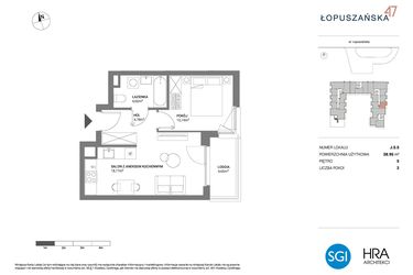 Rzut - Mieszkanie na sprzedaż 2 pokoje o powierzchni 38,95 m² - numer J.5.5 w Łopuszańska 47 - etap 3