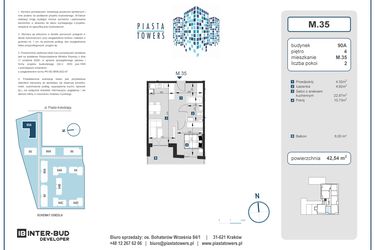 Rzut - Mieszkanie na sprzedaż 2 pokoje o powierzchni 42,54 m² - numer 35 w Piasta Towers bud. 90A