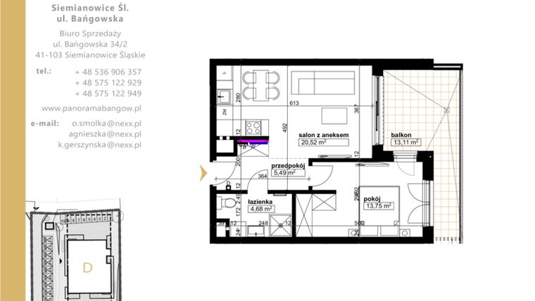 Rzut - Mieszkanie na sprzedaż 2 pokoje o powierzchni 44,44 m² - numer E.1.4 w Panorama Bańgów Etap II