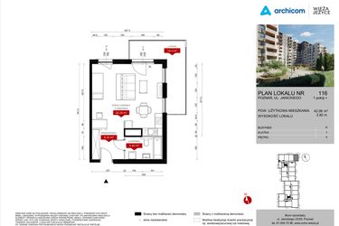 Rzut - Mieszkanie na sprzedaż 1 pokój o powierzchni 42,08 m² - numer K.116 w Wieża Jeżyce etap V