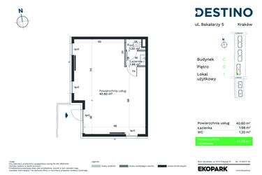 Rzut - Lokal użytkowy na sprzedaż 1 pokój o powierzchni 43,36 m² - numer LU1 w Destino