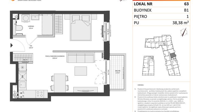 Rzut - Mieszkanie na sprzedaż 1 pokój o powierzchni 38,38 m² - numer B1.63 w Zajezdnia Motława