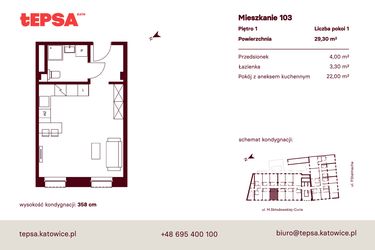 Rzut - Mieszkanie na sprzedaż 1 pokój o powierzchni 29,3 m² - numer M103 w Tepsa Kato