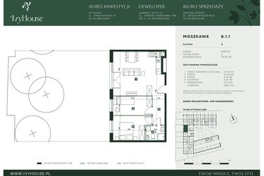 Rzut - Mieszkanie na sprzedaż 3 pokoje o powierzchni 54,9 m² - numer B.1.1 w IVY HOUSE