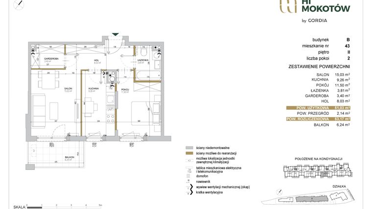 Rzut - Mieszkanie na sprzedaż 2 pokoje o powierzchni 51,03 m² - numer A1.B.43 w Hi Mokotów
