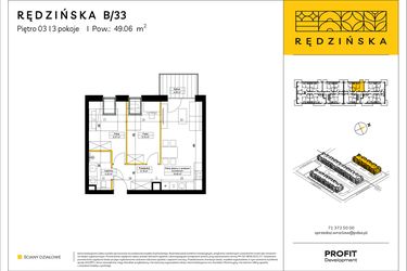 Rzut - Mieszkanie na sprzedaż 3 pokoje o powierzchni 49,06 m² - numer RD4A/B/33 w Rędzińska 4