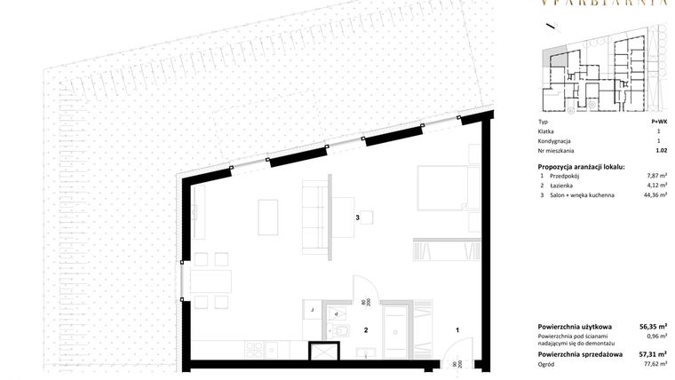 Rzut - Mieszkanie na sprzedaż 1 pokój o powierzchni 57,31 m² - numer 1.02 w Stara Farbiarnia