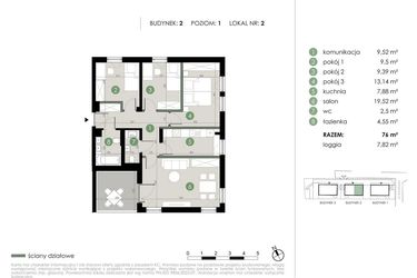 Rzut - Mieszkanie na sprzedaż 4 pokoje o powierzchni 76 m² - numer 2.2. w Osiedle Kwiatowa