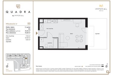 Rzut - Mieszkanie na sprzedaż 1 pokój o powierzchni 31,35 m² - numer 53 w QUADRA