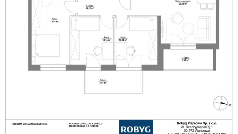 Rzut - Mieszkanie na sprzedaż 4 pokoje o powierzchni 75,43 m² - numer C.6M05 w Początek Piątkowo bud. C