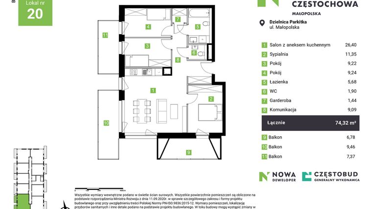 Rzut - Mieszkanie na sprzedaż 4 pokoje o powierzchni 74,32 m² - numer C20 w Nowa Częstochowa Małopolska