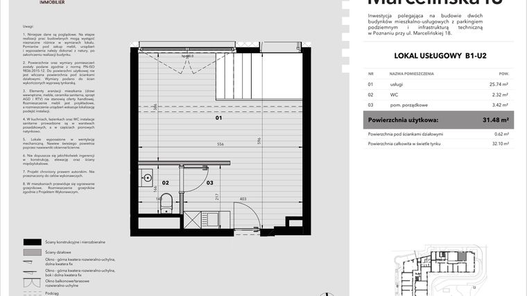 Rzut - Lokal użytkowy na sprzedaż 1 pokój o powierzchni 31,48 m² - numer B1-U2 w Marcelińska 18