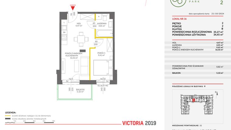 Rzut - Mieszkanie na sprzedaż 2 pokoje o powierzchni 35,27 m² - numer B.36 w Olchowy Park II