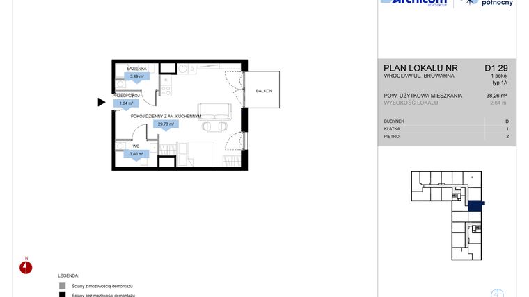 Rzut - Mieszkanie na sprzedaż 1 pokój o powierzchni 38,26 m² - numer D1.29 w Bulwar Północny