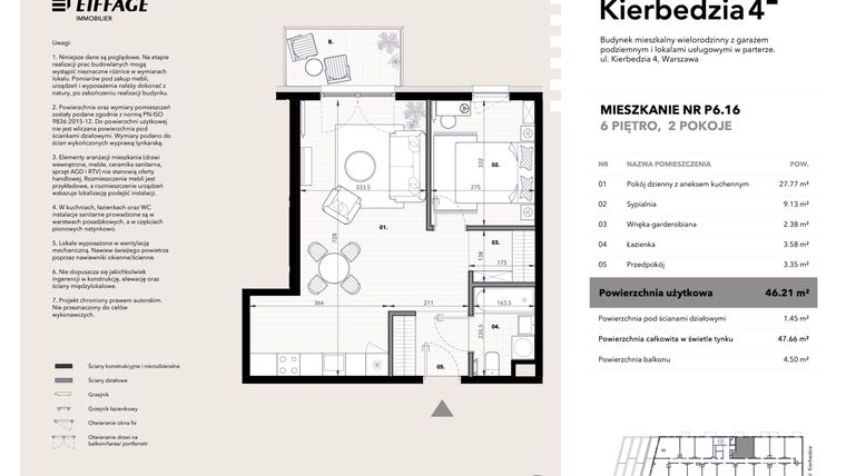 Rzut - Mieszkanie na sprzedaż 2 pokoje o powierzchni 46,21 m² - numer P6.16 w Kierbedzia 4