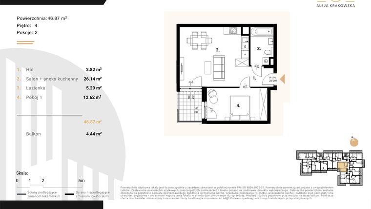 Rzut - Mieszkanie na sprzedaż 2 pokoje o powierzchni 46,87 m² - numer M33 w Aleja Krakowska 201
