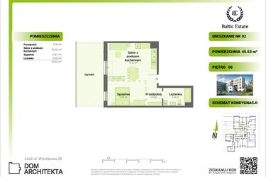 Rzut - Mieszkanie na sprzedaż 2 pokoje o powierzchni 45,53 m² - numer 00.M.02 w Dom Architekta