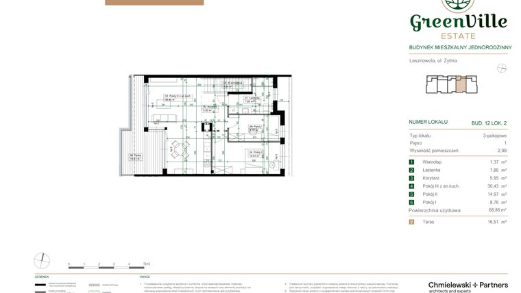 Rzut - Mieszkanie na sprzedaż 3 pokoje o powierzchni 68,86 m² - numer 12.2 w Green Ville