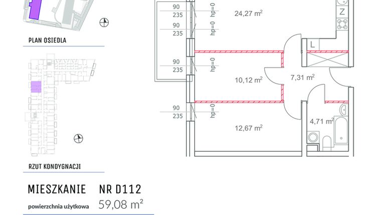 Rzut - Mieszkanie na sprzedaż 3 pokoje o powierzchni 59,08 m² - numer D112 w Osiedle Impresja 2