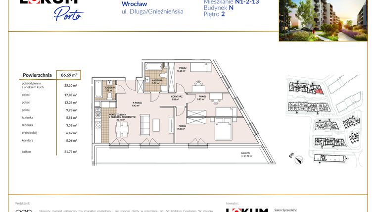 Rzut - Mieszkanie na sprzedaż 4 pokoje o powierzchni 86,69 m² - numer N1-2-13 w Lokum Porto etap V bud. N