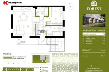 Rzut - Mieszkanie na sprzedaż 3 pokoje o powierzchni 53,01 m² - numer 7B w Wiązowna Forest