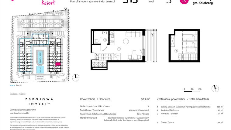 Rzut - Mieszkanie na sprzedaż 1 pokój o powierzchni 30,9 m² - numer 313 w VacationClub Resort