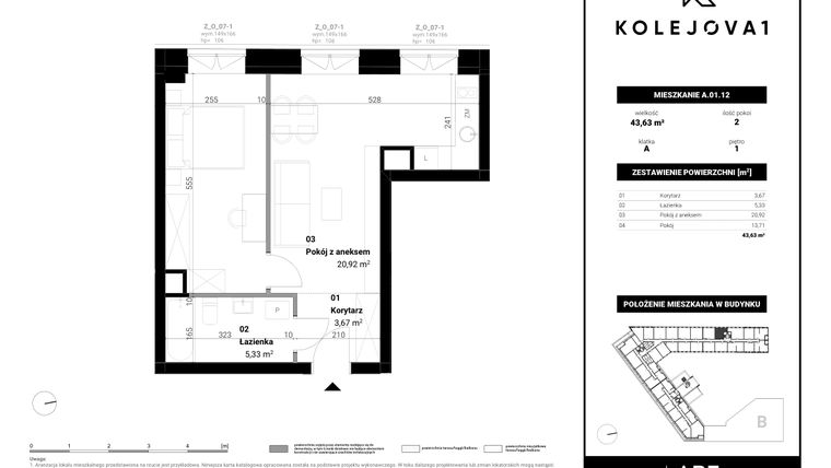 Rzut - Mieszkanie na sprzedaż 2 pokoje o powierzchni 43,63 m² - numer A-01-12 w Kolejova 1