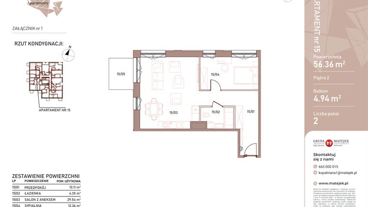 Rzut - Mieszkanie na sprzedaż 2 pokoje o powierzchni 56,36 m² - numer 15 w Kopalniana