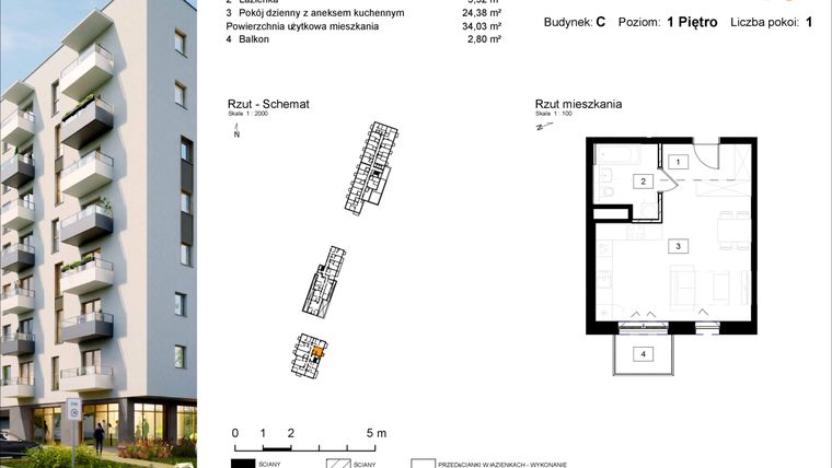 Rzut - Mieszkanie na sprzedaż 1 pokój o powierzchni 34,03 m² - numer C.16 w Osiedle Kochanowskiego - Gliwice