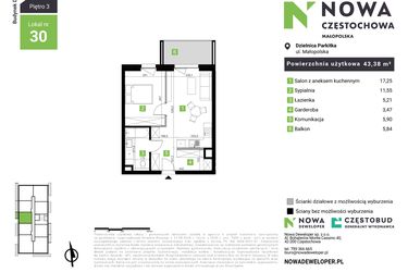 Rzut - Mieszkanie na sprzedaż 2 pokoje o powierzchni 43,38 m² - numer D30 w Nowa Częstochowa Małopolska etap II