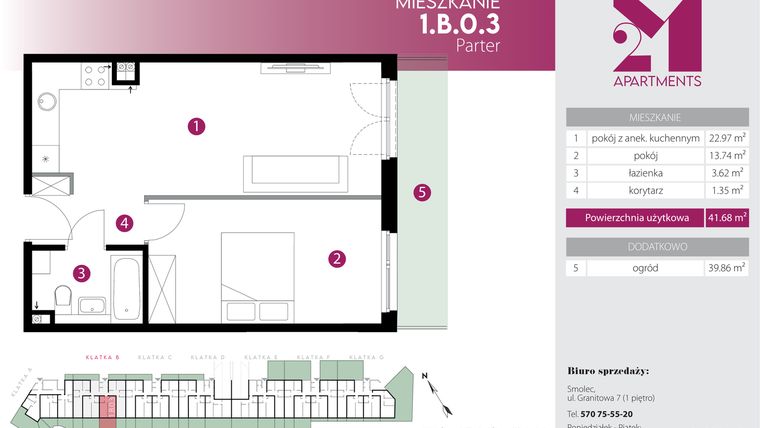 Rzut - Mieszkanie na sprzedaż 2 pokoje o powierzchni 41,68 m² - numer 1.B.0.3 w Maślice Wrocław Milo Dobry Deweloper etap IV