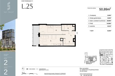 Rzut - Mieszkanie na sprzedaż 2 pokoje o powierzchni 50,89 m² - numer L25 w Sky Trust etap II - apartamenty inwestycyjne 23% VAT PRS