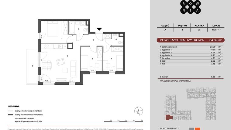 Rzut - Mieszkanie na sprzedaż 4 pokoje o powierzchni 64,39 m² - numer M.A.1.017 w CUKROWNIA
