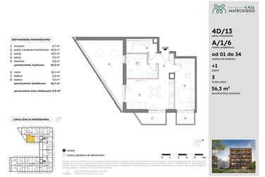 Rzut - Mieszkanie na sprzedaż 3 pokoje o powierzchni 56,3 m² - numer A/1/6 w Osiedle Mateckiego 4ALL