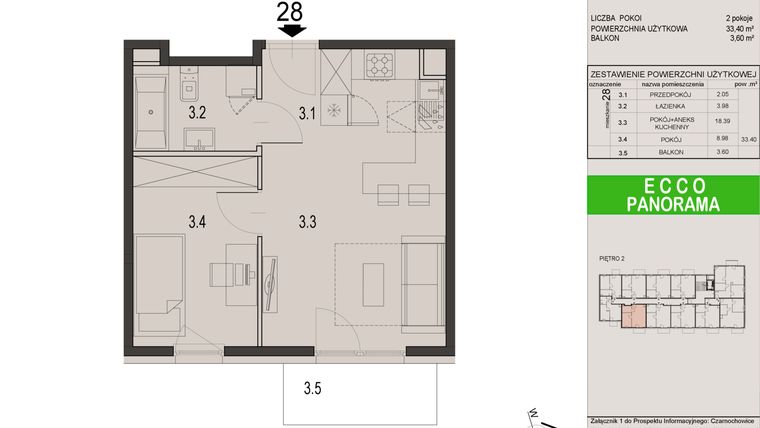 Rzut - Mieszkanie na sprzedaż 2 pokoje o powierzchni 33,4 m² - numer 28C w Ecco Panorama etap II budynki C, D