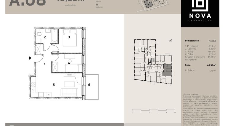 Rzut - Mieszkanie na sprzedaż 3 pokoje o powierzchni 43,59 m² - numer A8 w Nova Ceramiczna